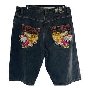 Evolution in Design Embroidered Colorful Tiger Design Men's Black Jean Shorts 44